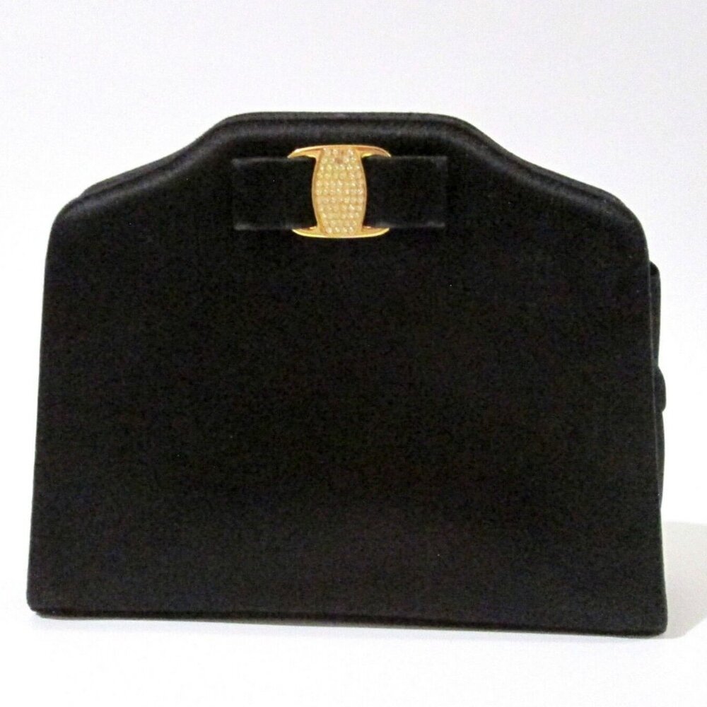 Vintage Salvatore Ferragamo Satin Clutch Purse Rhinestone Vara Bow Evening Bag